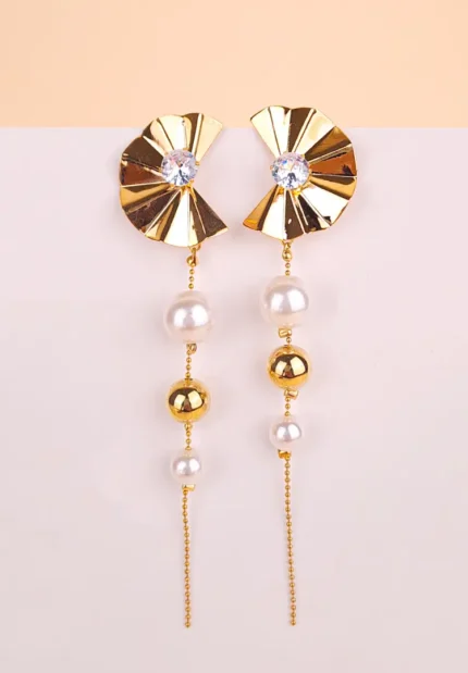 Art Deco fan earrings with central crystal, featuring a long drop of alternating pearls and polished gold beads.