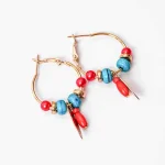 Beaded Red Turquoise Hoop Earrings - Image 3
