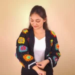 Vibrant Black Floral Crochet Cardigan - Image 2