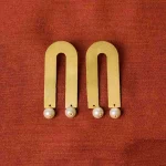 Brass U Shaped Pearl Drop Earrings - Image 4