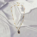 Golden Engraved Mirror Pendant Beaded Chain Necklace - Image 2