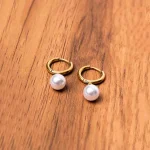 Golden Small Pearl Drop Hoop Earrings - Image 2