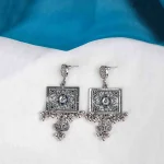 Intricate Floral Antique Silver Square Dangle Earrings - Image 4