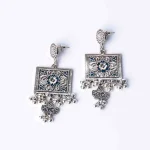 Intricate Floral Antique Silver Square Dangle Earrings - Image 2