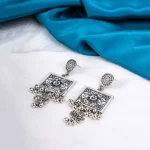 Intricate Floral Antique Silver Square Dangle Earrings