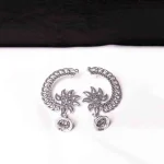 Silver Crescent Shaped Floral Jhumka Earrings - Image 4