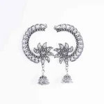 Silver Crescent Shaped Floral Jhumka Earrings - Image 2