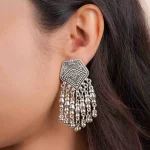 Intricate Silver Beaded Tassel Earrings - Image 2