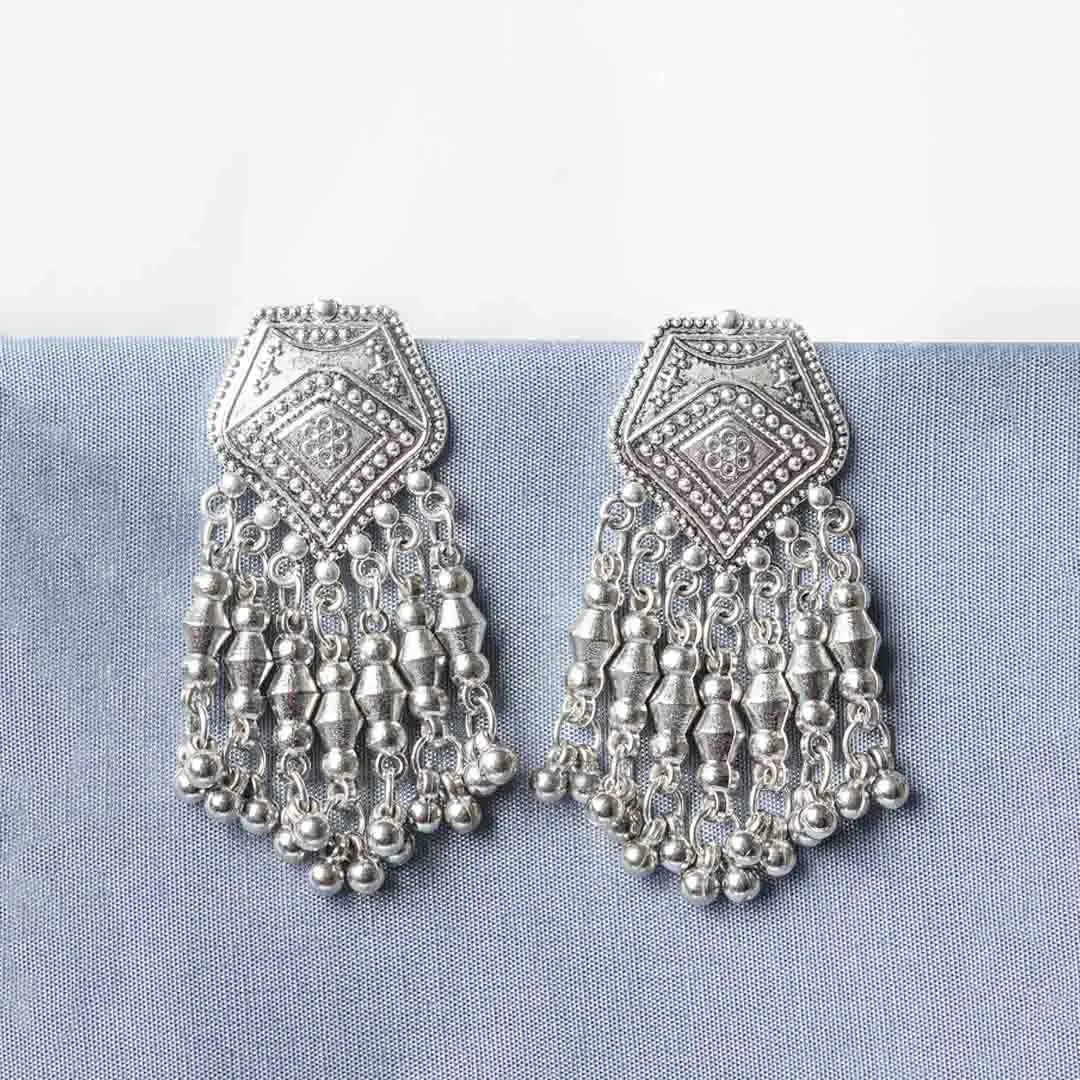 522-Th-1.webp Intricate Silver Beaded Tassel Earrings - Image 1
