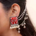 Oxidised Meenakari Ear Chain Earrings - Image 2